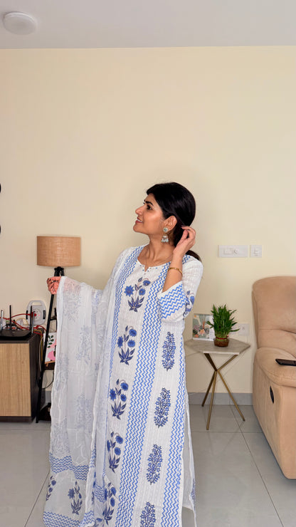 Blue Floral Cotton Suit Set with Dupatta