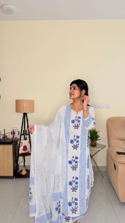 Blue Floral Cotton Suit Set with Dupatta