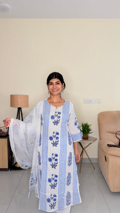 Blue Floral Cotton Suit Set with Dupatta
