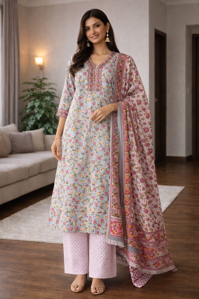 Pastel Bloom Cotton Kurta Set with Printed Dupatta