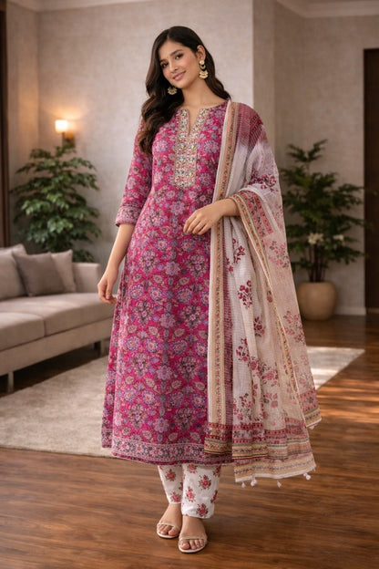 Rose Pink Floral Printed Kurta Set with Dupatta