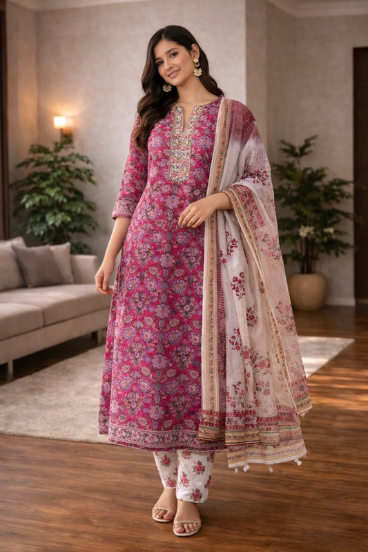 Rose Pink Floral Printed Kurta Set with Dupatta