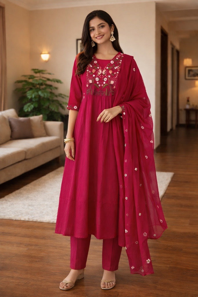 Noor Embroidered Kurta Set - Magenta