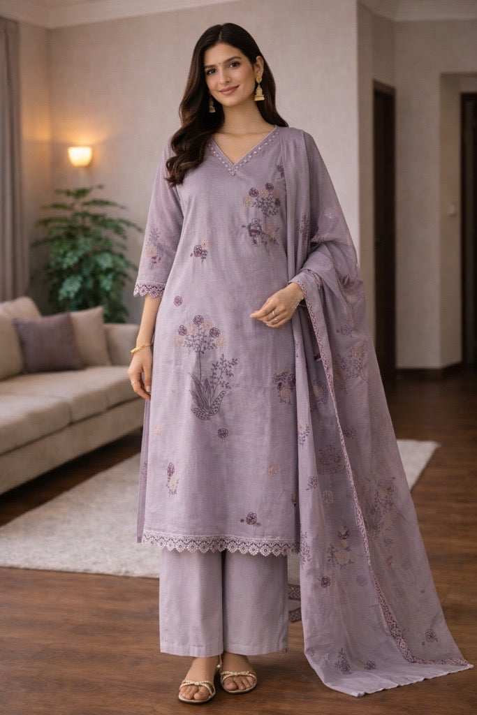 Lilac Floral Embroidered Kurta Set with Dupatta