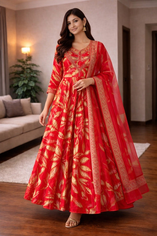 Red & & Gold Festive Anarkali Kurta Set with Dupatta