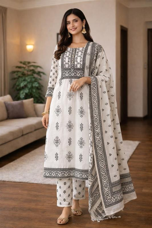 Ivory & Brown Handblock Printed Kurta Set with Dupatta
