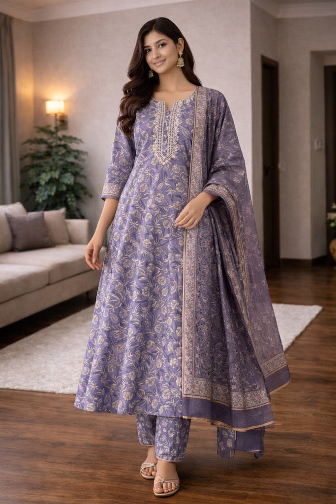 Blue Printed Kurta Set with Dupatta
