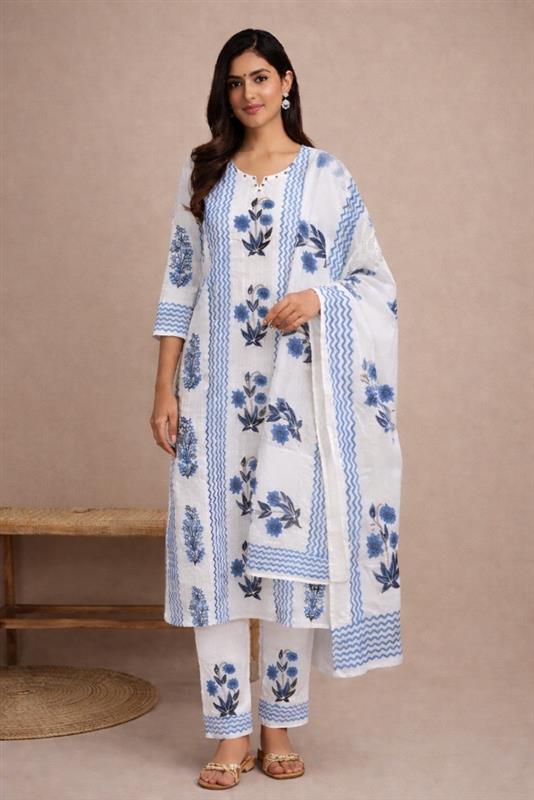 Blue Floral Cotton Suit Set with Dupatta