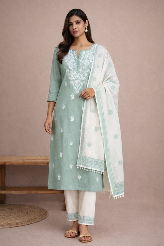 Sage Green Cotton Suit Set with Embroidered Kurta & Dupatta