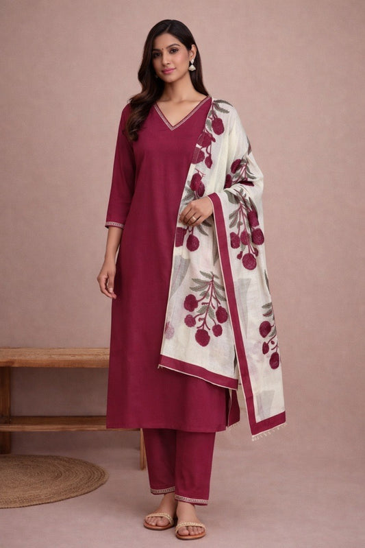 Pink Cotton Suit Set with Floral Printed Dupatta