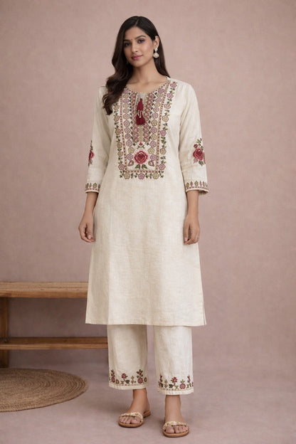 Ivory Khadi Embroidered Kurta & Pant Set