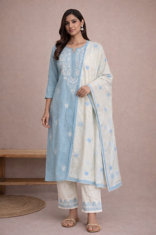 Powder Blue Cotton Suit Set with Embroidered Kurta & Dupatta