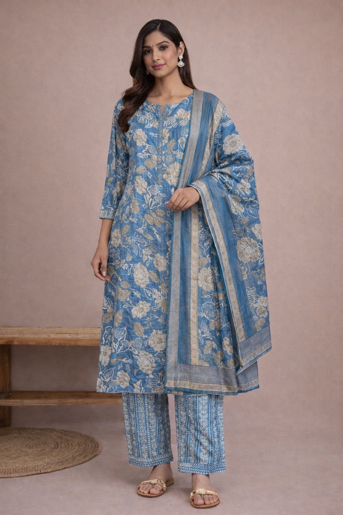 Blue Floral Cotton Suit Set with Dupatta