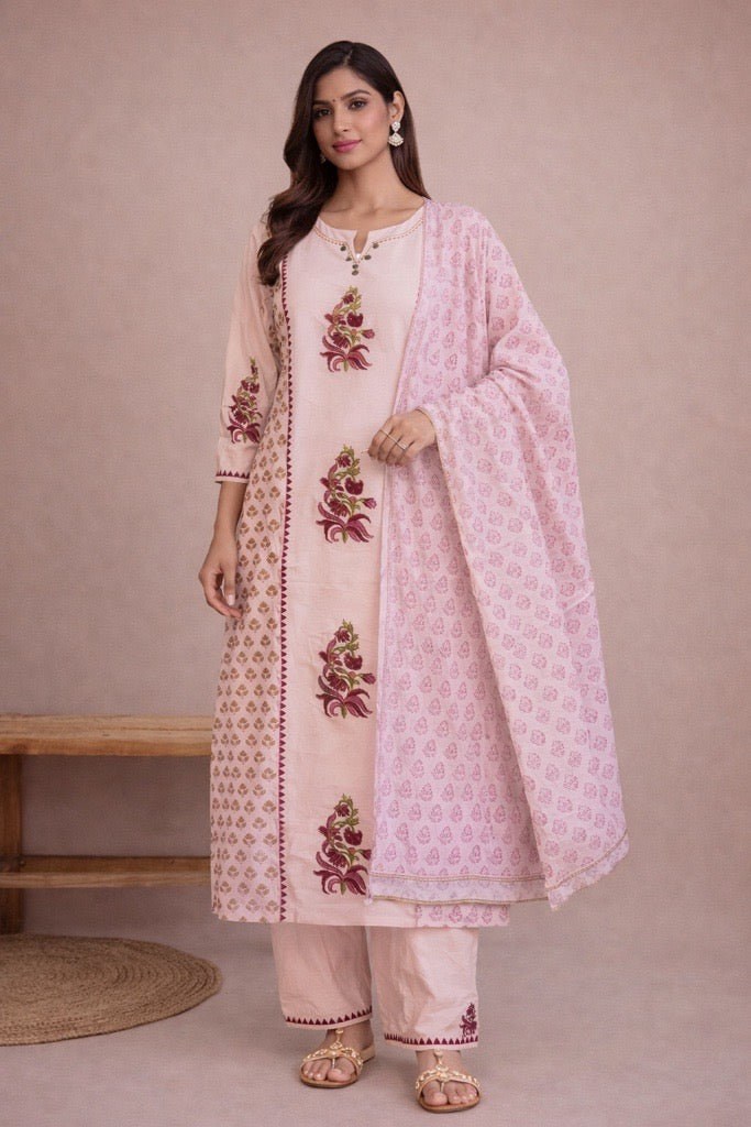 Blush Pink Cotton Suit Set with Floral Embroidery & Printed Dupatta