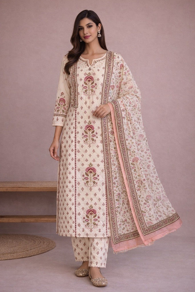 Cream Floral Cotton Suit Set with Printed Dupatta
