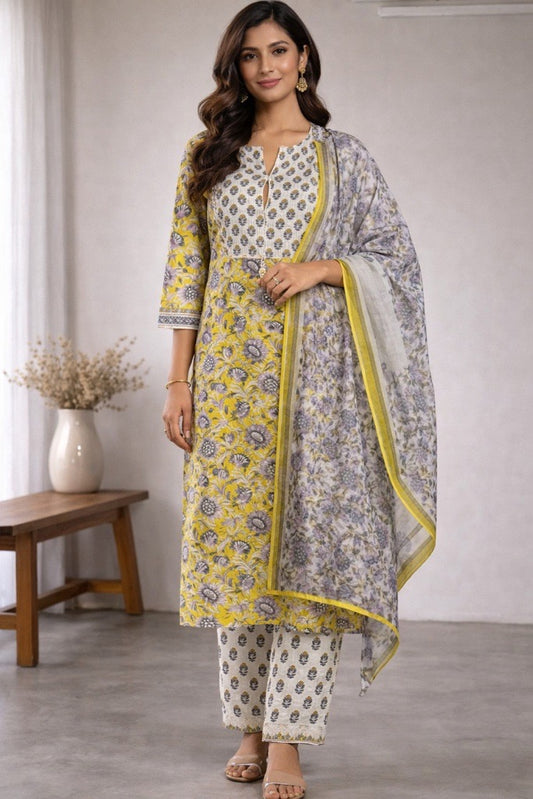 Yellow Floral Kurta Set with Dupatta