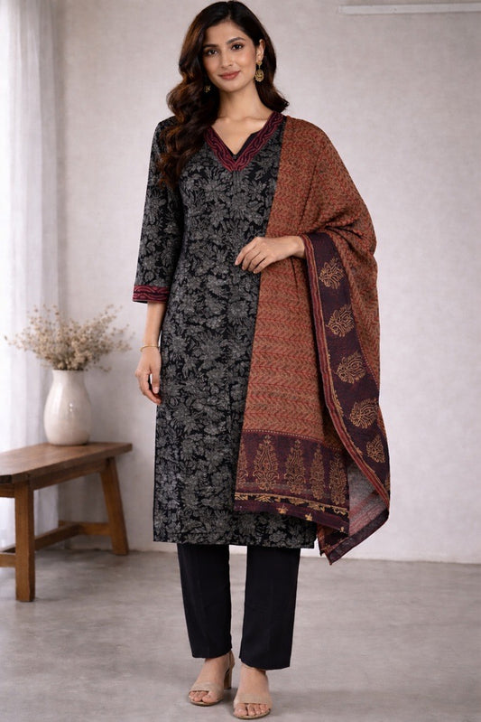 Black Floral Kurta Set with Contrast Dupatta