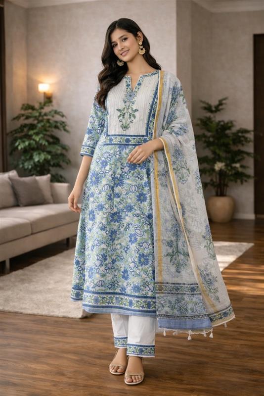 Blue Floral Printed Kurta Set with Dupatta