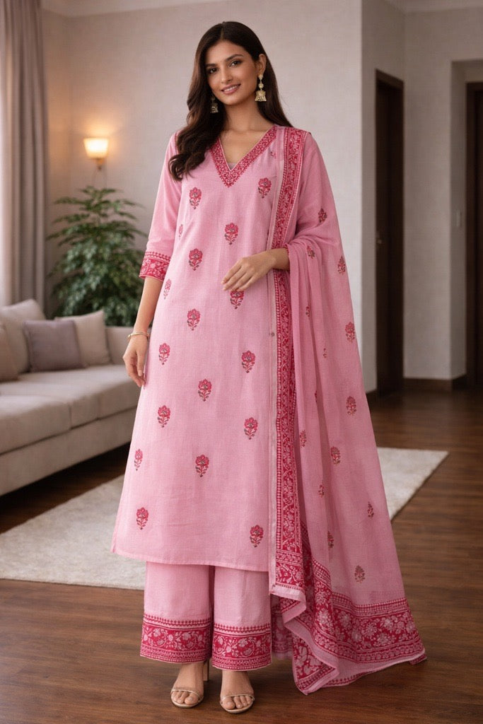 Blush Pink Handblock Cotton Kurta Set with Dupatta