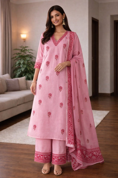 Blush Pink Handblock Cotton Kurta Set with Dupatta
