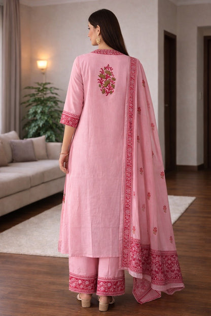 Blush Pink Handblock Cotton Kurta Set with Dupatta