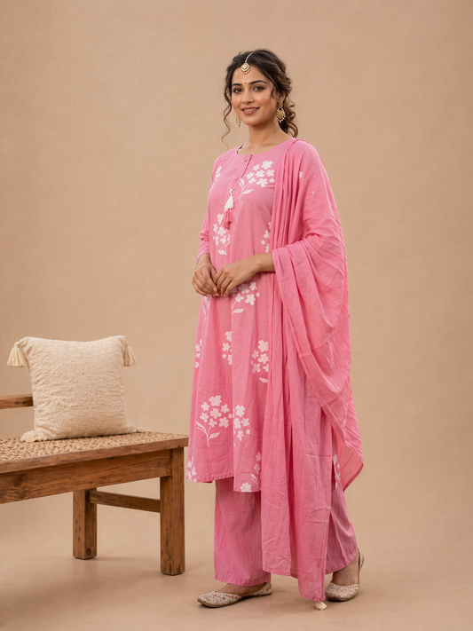 Rose Pink Floral Printed Kurta Set with Dupatta