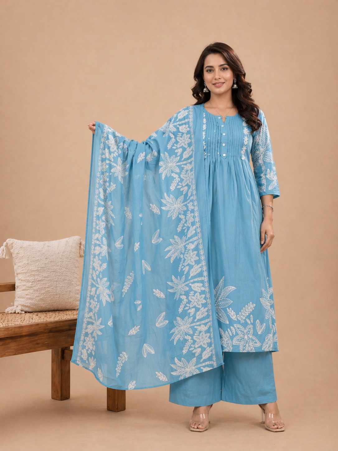Blue Floral Printed Kurta Set with Dupatta