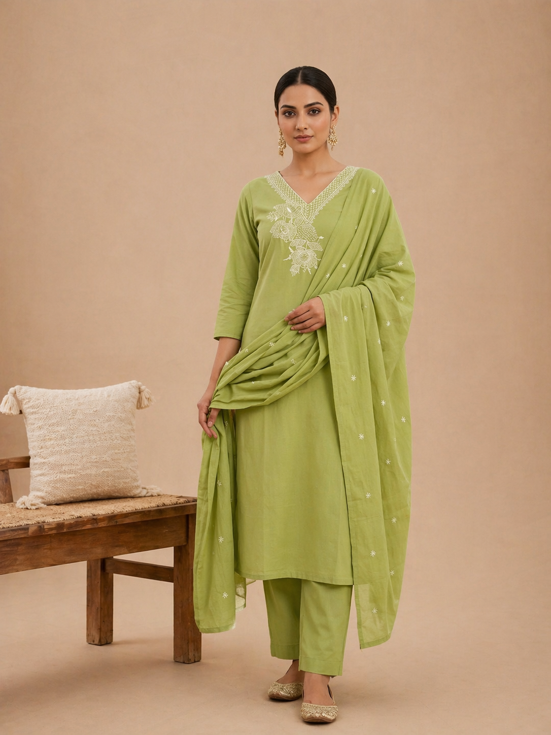 Pistachio Green Embroidered Kurta Set with Dupatta