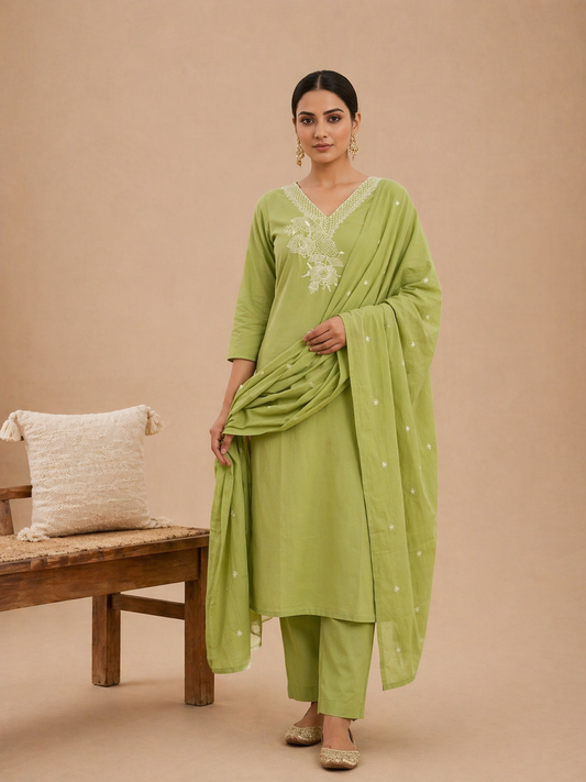 Pistachio Green Embroidered Kurta Set with Dupatta
