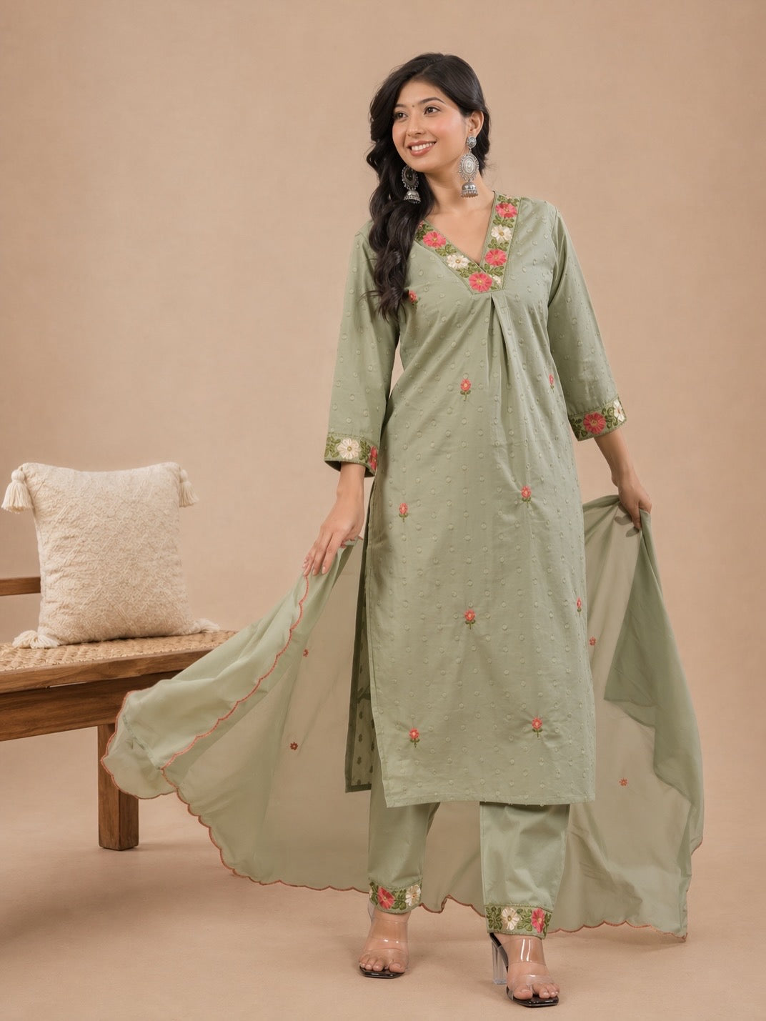 Sage Green Embroidered Kurta Set with Dupatta
