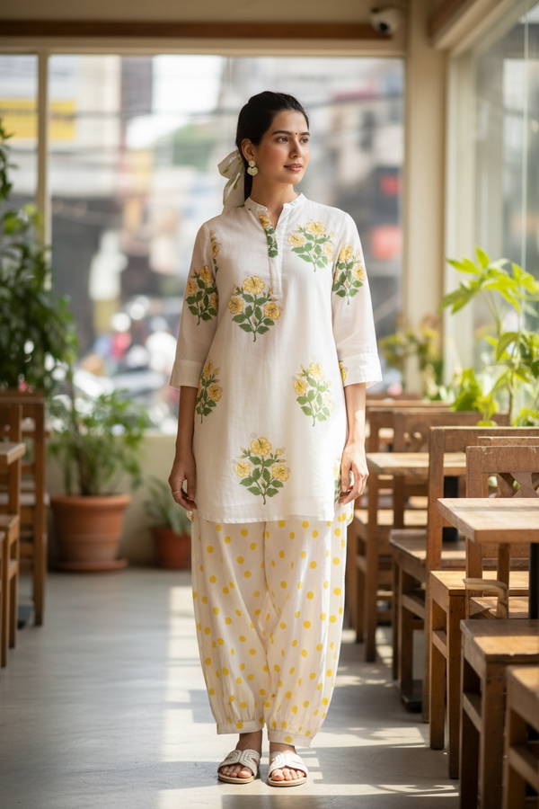 White Floral Cotton Kurta with Printed Farsi Salwar
