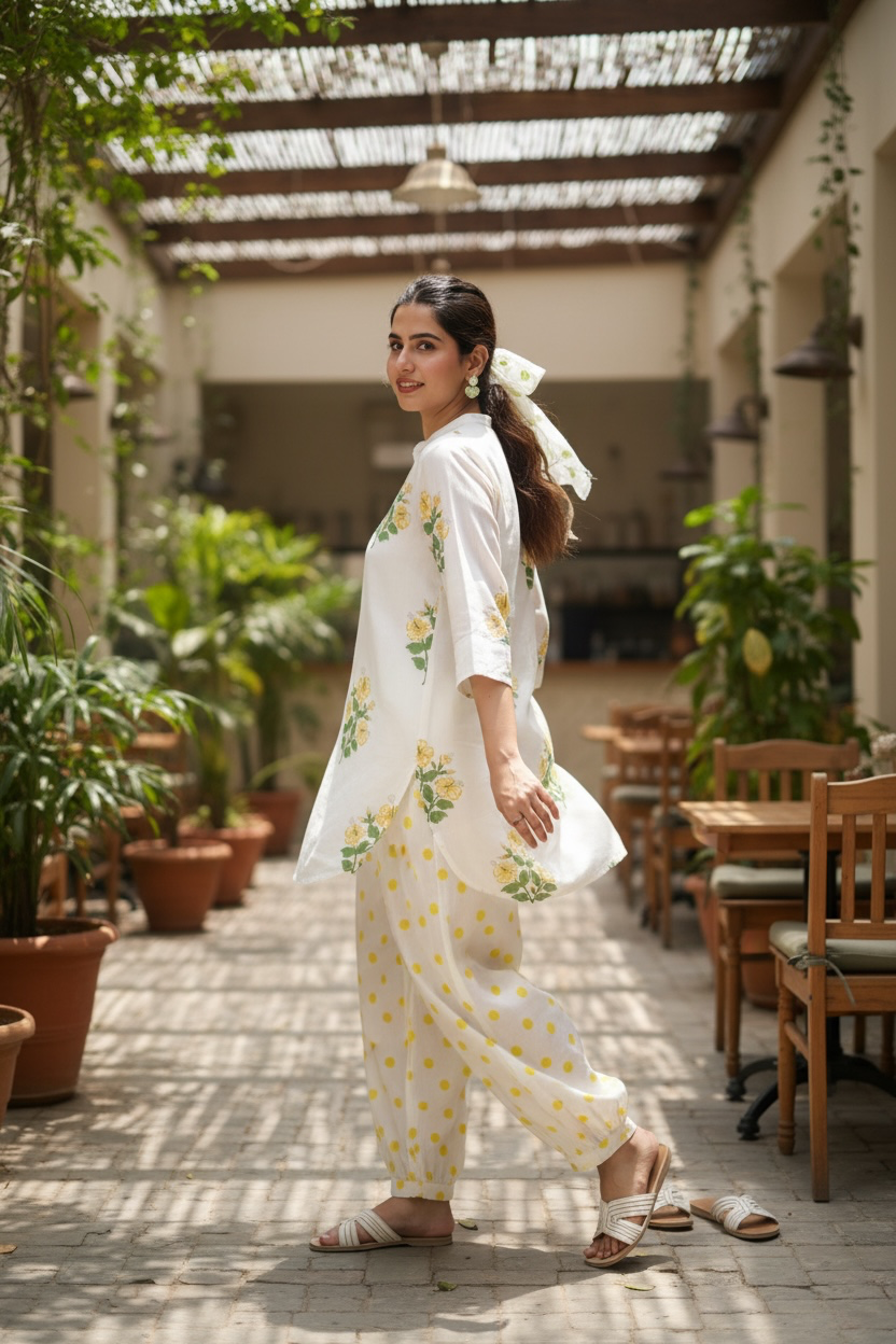 White Floral Cotton Kurta with Printed Farsi Salwar