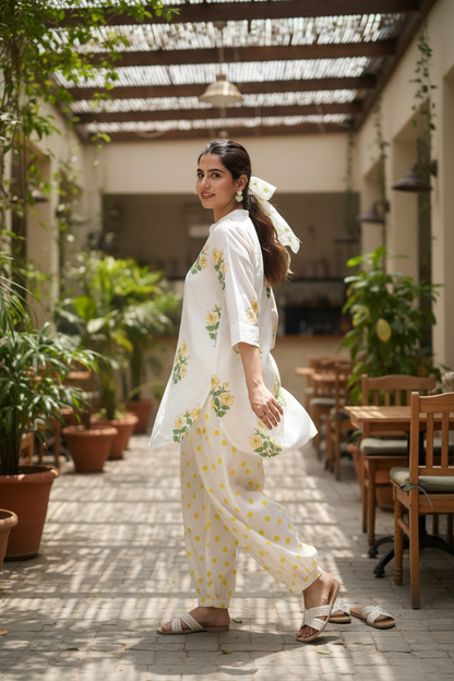 White Floral Cotton Kurta with Printed Farsi Salwar