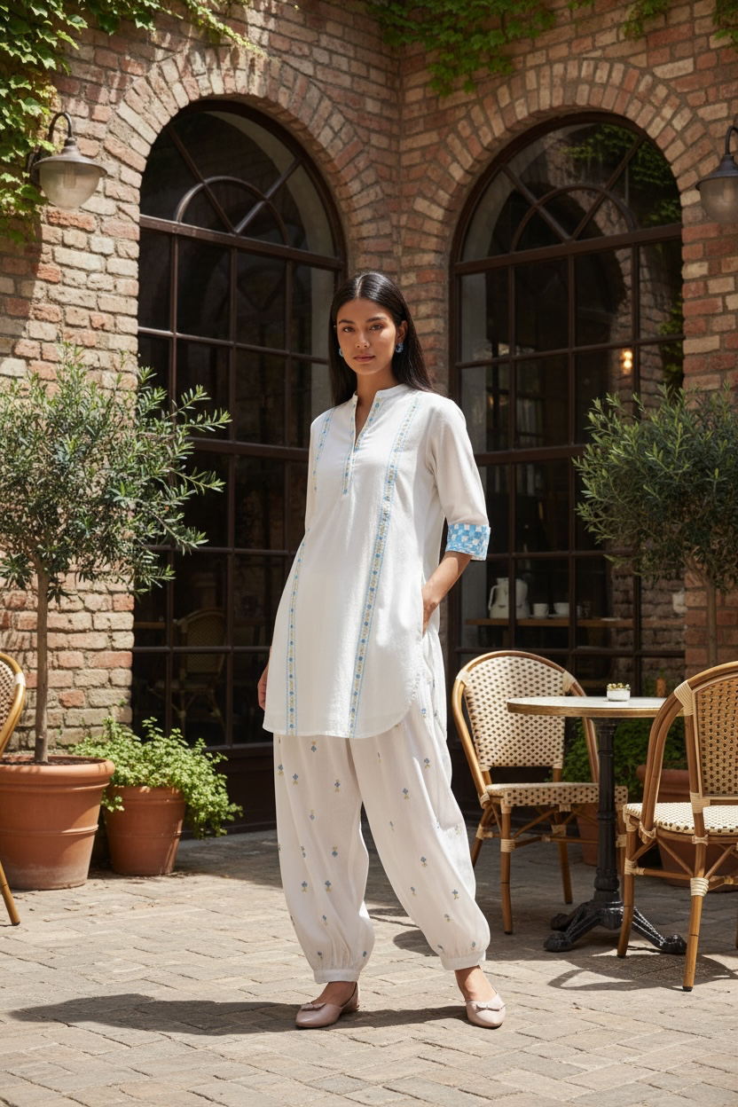 White Mul Cotton Embroidered Kurta for Women