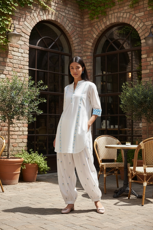 White Mul Cotton Embroidered Kurta for Women