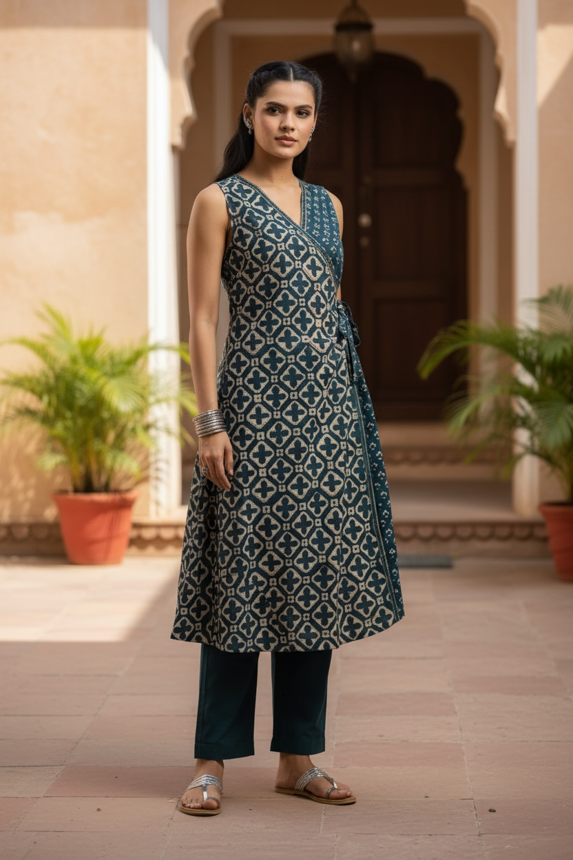 Navy Printed Wrap-Style Kurta Set with Pants