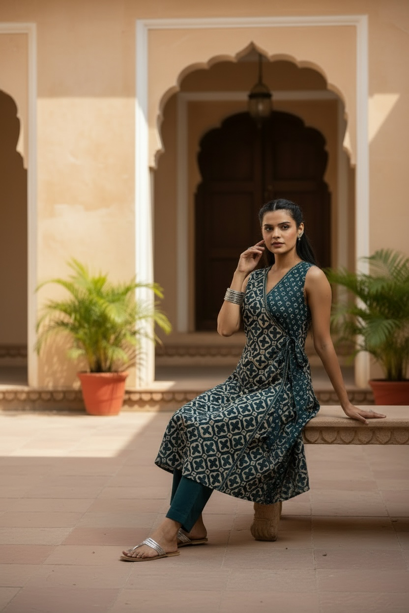 Navy Printed Wrap-Style Kurta Set with Pants