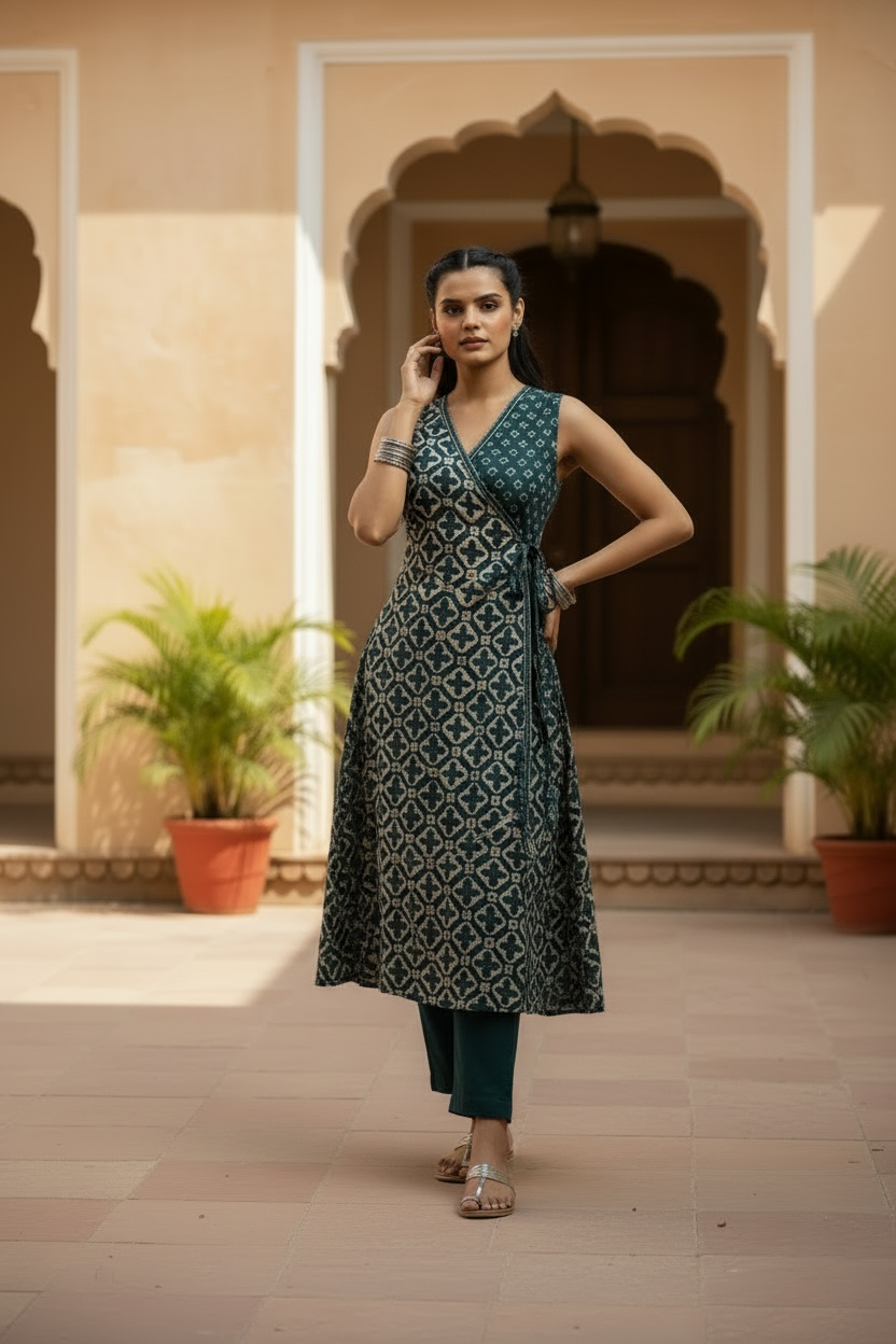 Navy Printed Wrap-Style Kurta Set with Pants