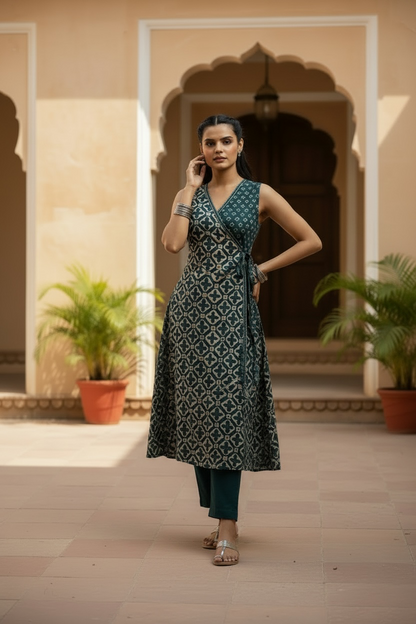Navy Printed Wrap-Style Kurta Set with Pants