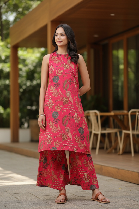 Pink Floral Sleeveless Kurta Set with Pants