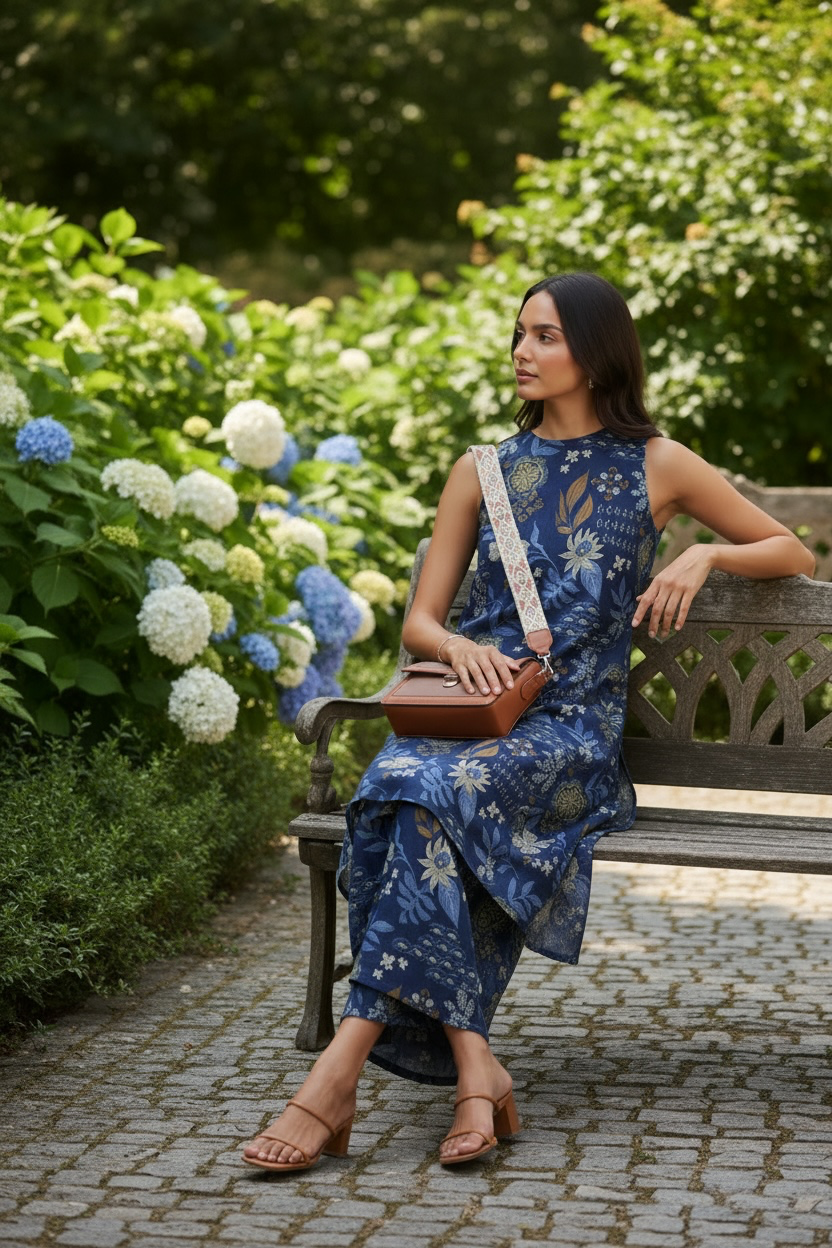Navy Printed Sleeveless Kurta Set with Pants