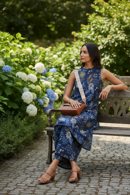 Navy Printed Sleeveless Kurta Set with Pants