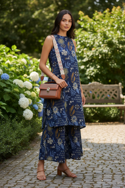 Navy Printed Sleeveless Kurta Set with Pants