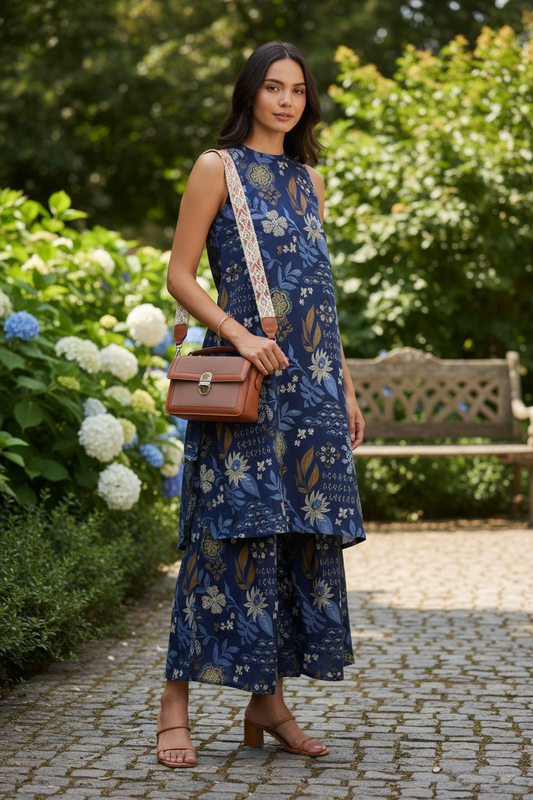 Navy Printed Sleeveless Kurta Set with Pants