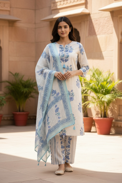 Ivory & Blue Floral Printed Kurta Set with Dupatta