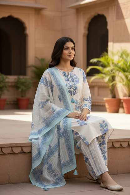Ivory & Blue Floral Printed Kurta Set with Dupatta