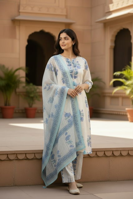 Ivory & Blue Floral Printed Kurta Set with Dupatta