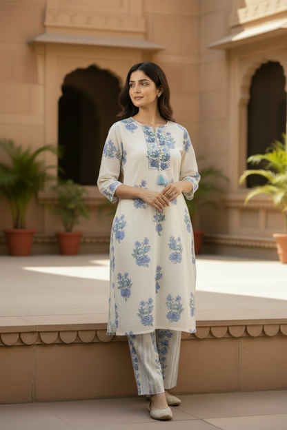 Ivory & Blue Floral Printed Kurta Set with Dupatta