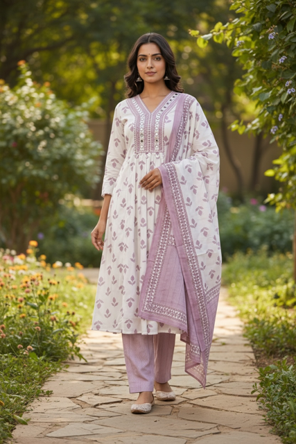 White & Lavender Printed Kurta Set with Dupatta