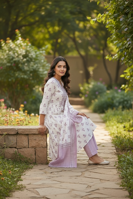 White & Lavender Printed Kurta Set with Dupatta